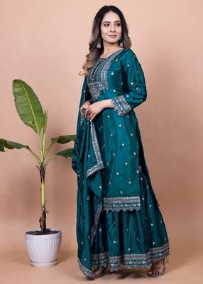 DARK GREEN CHINON SILK EMBROIDERY PARTY WEAR SILK SUIT SET  3