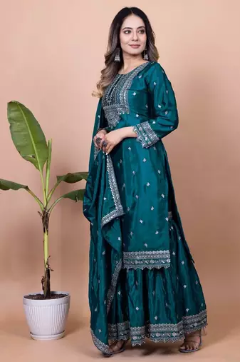 DARK GREEN CHINON SILK EMBROIDERY PARTY WEAR SILK SUIT SET 