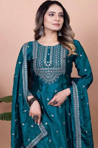 DARK GREEN CHINON SILK EMBROIDERY PARTY WEAR SILK SUIT SET 