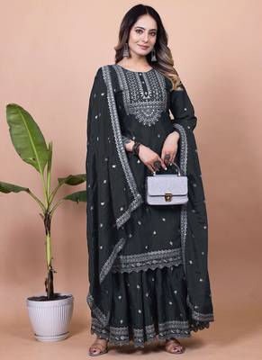 BLACK CHINON PARTY WEAR EMBROIDERY SUIT SET  1