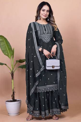 BLACK CHINON PARTY WEAR EMBROIDERY SUIT SET 