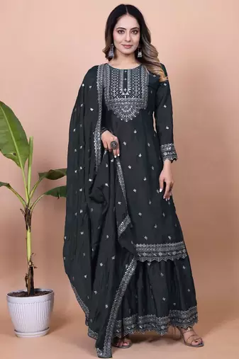 BLACK CHINON PARTY WEAR EMBROIDERY SUIT SET 