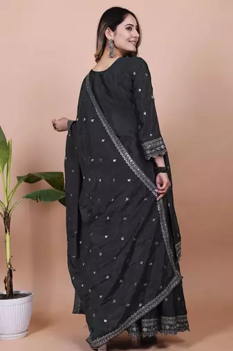 BLACK CHINON PARTY WEAR EMBROIDERY SUIT SET 