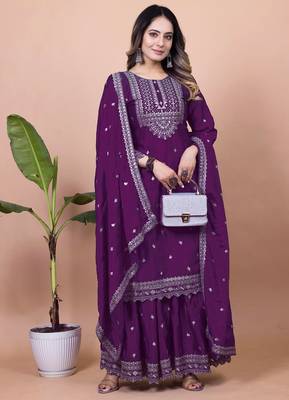 PURPLE HEAVY CHINON EMBROIDERY PARTY WEAR SUIT  1