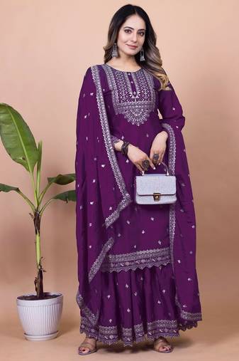 PURPLE HEAVY CHINON EMBROIDERY PARTY WEAR SUIT 