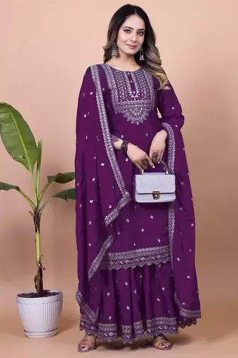 PURPLE HEAVY CHINON EMBROIDERY PARTY WEAR SUIT 