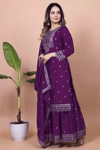 PURPLE HEAVY CHINON EMBROIDERY PARTY WEAR SUIT 