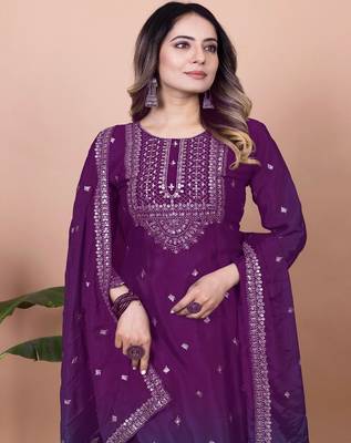 PURPLE HEAVY CHINON EMBROIDERY PARTY WEAR SUIT  4