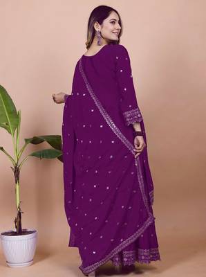 PURPLE HEAVY CHINON EMBROIDERY PARTY WEAR SUIT  5
