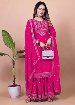 PINK CHINON PARTY WEAR EMBROIDERY  SUIT SET 1