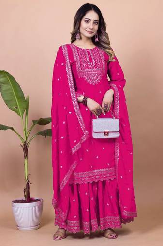 PINK CHINON PARTY WEAR EMBROIDERY  SUIT SET