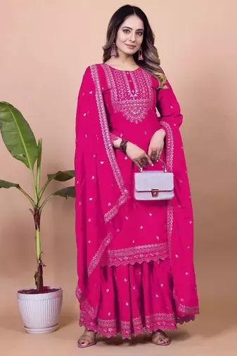PINK CHINON PARTY WEAR EMBROIDERY  SUIT SET