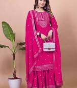 PINK CHINON PARTY WEAR EMBROIDERY  SUIT SET