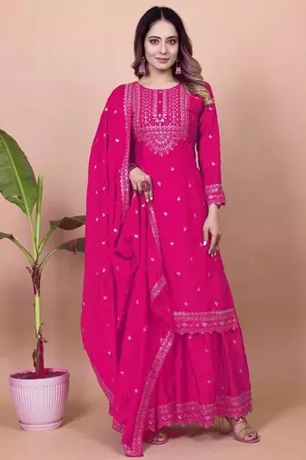 PINK CHINON PARTY WEAR EMBROIDERY  SUIT SET