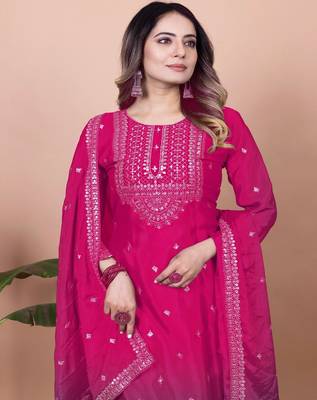 PINK CHINON PARTY WEAR EMBROIDERY  SUIT SET 4