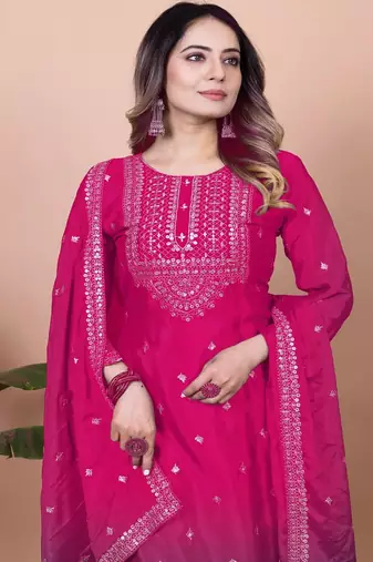 PINK CHINON PARTY WEAR EMBROIDERY  SUIT SET