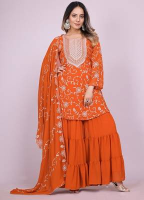 ORANGE GEORGETTE EMBROIDERY WORK STICHED SUIT SET 1