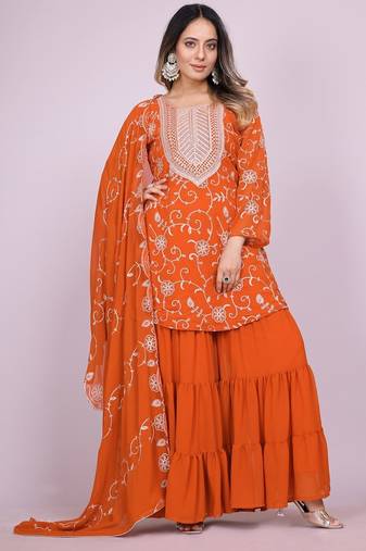 ORANGE GEORGETTE EMBROIDERY WORK STICHED SUIT SET