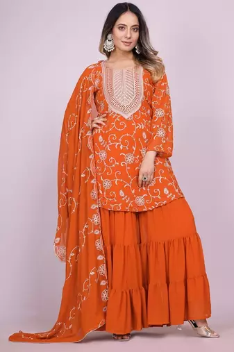 ORANGE GEORGETTE EMBROIDERY WORK STICHED SUIT SET