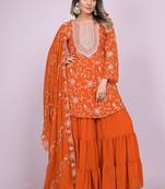 ORANGE GEORGETTE EMBROIDERY WORK STICHED SUIT SET