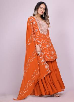 ORANGE GEORGETTE EMBROIDERY WORK STICHED SUIT SET 2