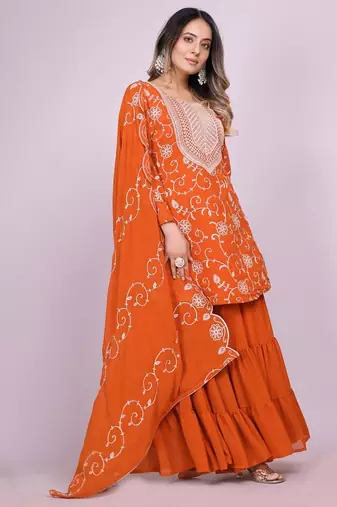ORANGE GEORGETTE EMBROIDERY WORK STICHED SUIT SET