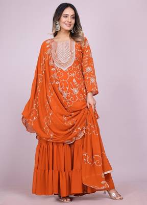 ORANGE GEORGETTE EMBROIDERY WORK STICHED SUIT SET 3