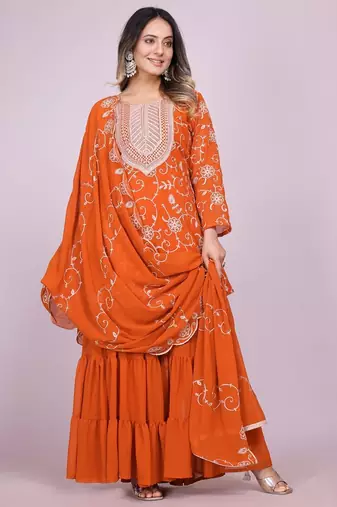 ORANGE GEORGETTE EMBROIDERY WORK STICHED SUIT SET
