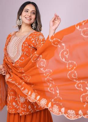 ORANGE GEORGETTE EMBROIDERY WORK STICHED SUIT SET 4