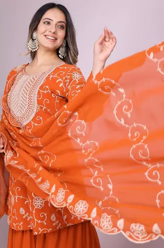 ORANGE GEORGETTE EMBROIDERY WORK STICHED SUIT SET