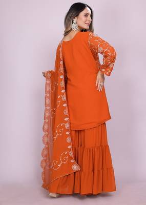 ORANGE GEORGETTE EMBROIDERY WORK STICHED SUIT SET 5
