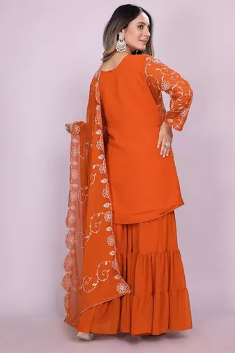 ORANGE GEORGETTE EMBROIDERY WORK STICHED SUIT SET