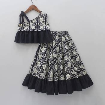 Black & cream digital print rayon lehenga choli with ruffle design stylish one-shoulder kids festive wear 1