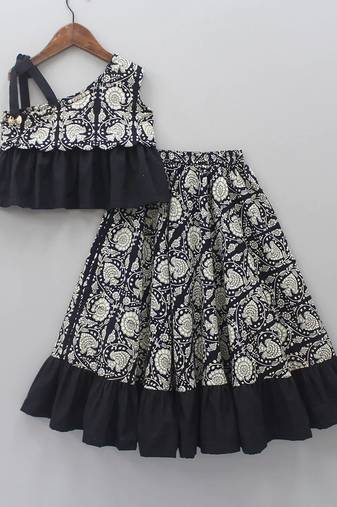 Black & cream digital print rayon lehenga choli with ruffle design – stylish one-shoulder kids festive wear