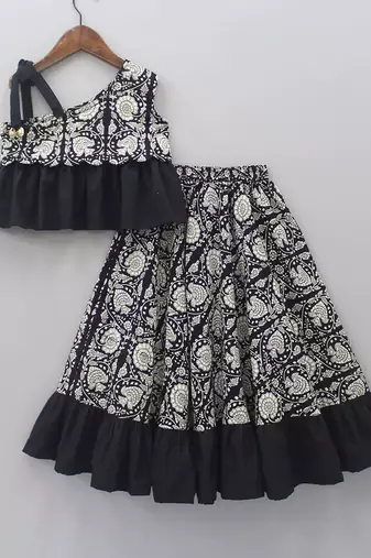Black & cream digital print rayon lehenga choli with ruffle design – stylish one-shoulder kids festive wear