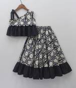 Black & cream digital print rayon lehenga choli with ruffle design stylish one-shoulder kids festive wear