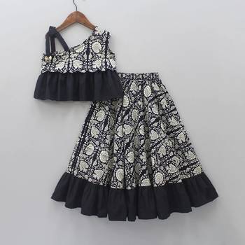 Black & cream digital print rayon lehenga choli with ruffle design stylish one-shoulder kids festive wear 2