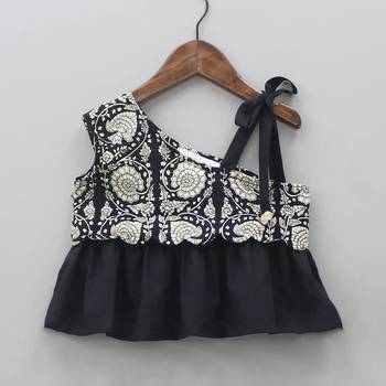 Black & cream digital print rayon lehenga choli with ruffle design stylish one-shoulder kids festive wear 3