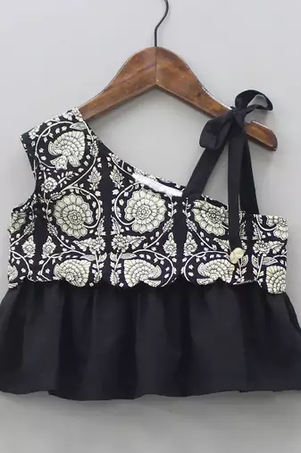 Black & cream digital print rayon lehenga choli with ruffle design stylish one-shoulder kids festive wear