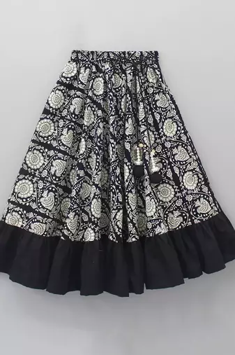 Black & cream digital print rayon lehenga choli with ruffle design stylish one-shoulder kids festive wear