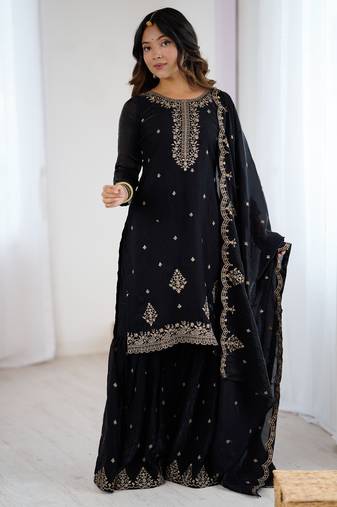 Soft Crunchy Silk Fabric A-Line Kurta With Dupatta And Sharara 