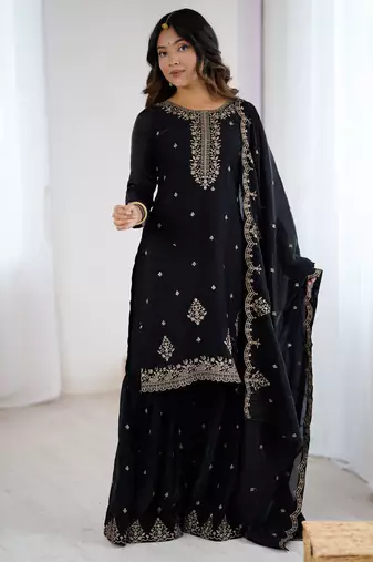 Soft Crunchy Silk Fabric A-Line Kurta With Dupatta And Sharara 