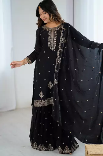 Soft Crunchy Silk Fabric A-Line Kurta With Dupatta And Sharara 