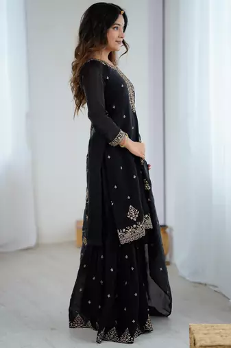 Soft Crunchy Silk Fabric A-Line Kurta With Dupatta And Sharara 
