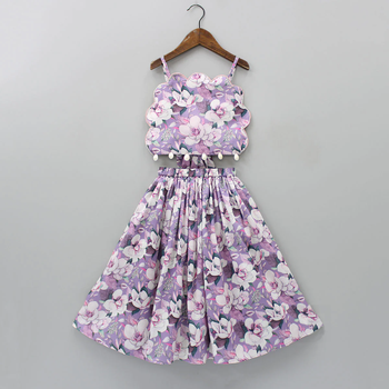 Lavender & white floral digital print rayon lehenga choli sleeveless scallop-edge top for girls (2 pc set) 1