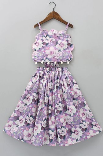 Lavender & white floral digital print rayon lehenga choli – sleeveless scallop-edge top for girls (2 pc set)