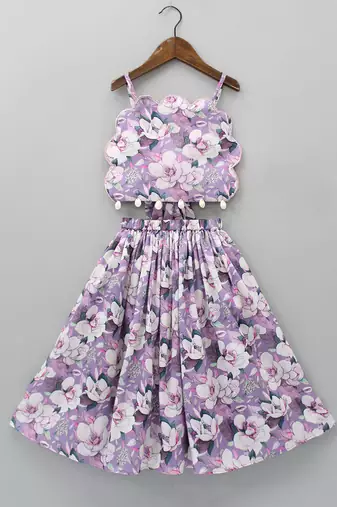 Lavender & white floral digital print rayon lehenga choli – sleeveless scallop-edge top for girls (2 pc set)