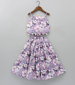 Lavender & white floral digital print rayon lehenga choli sleeveless scallop-edge top for girls (2 pc set)