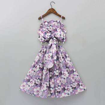 Lavender & white floral digital print rayon lehenga choli sleeveless scallop-edge top for girls (2 pc set) 2