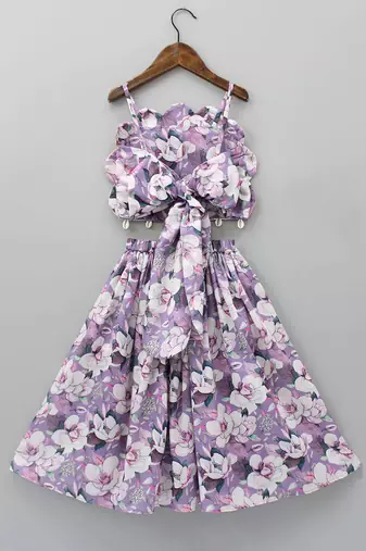Lavender & white floral digital print rayon lehenga choli sleeveless scallop-edge top for girls (2 pc set)